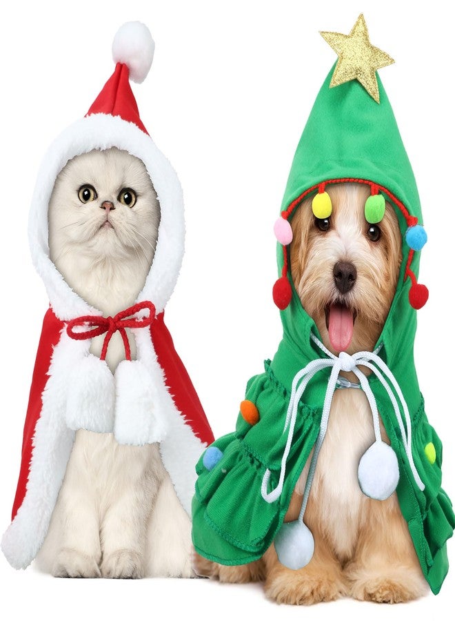 SilTriangle 2 Pcs Pet Christmas Costume, Dogs Cats Cape with Hat Santa Claus Cloak and Xmas Tree Cloak with Star and Pompoms, for Dogs Cats Pet Puppy Santa Gifts Christmas Outfit(Small) - Image 1